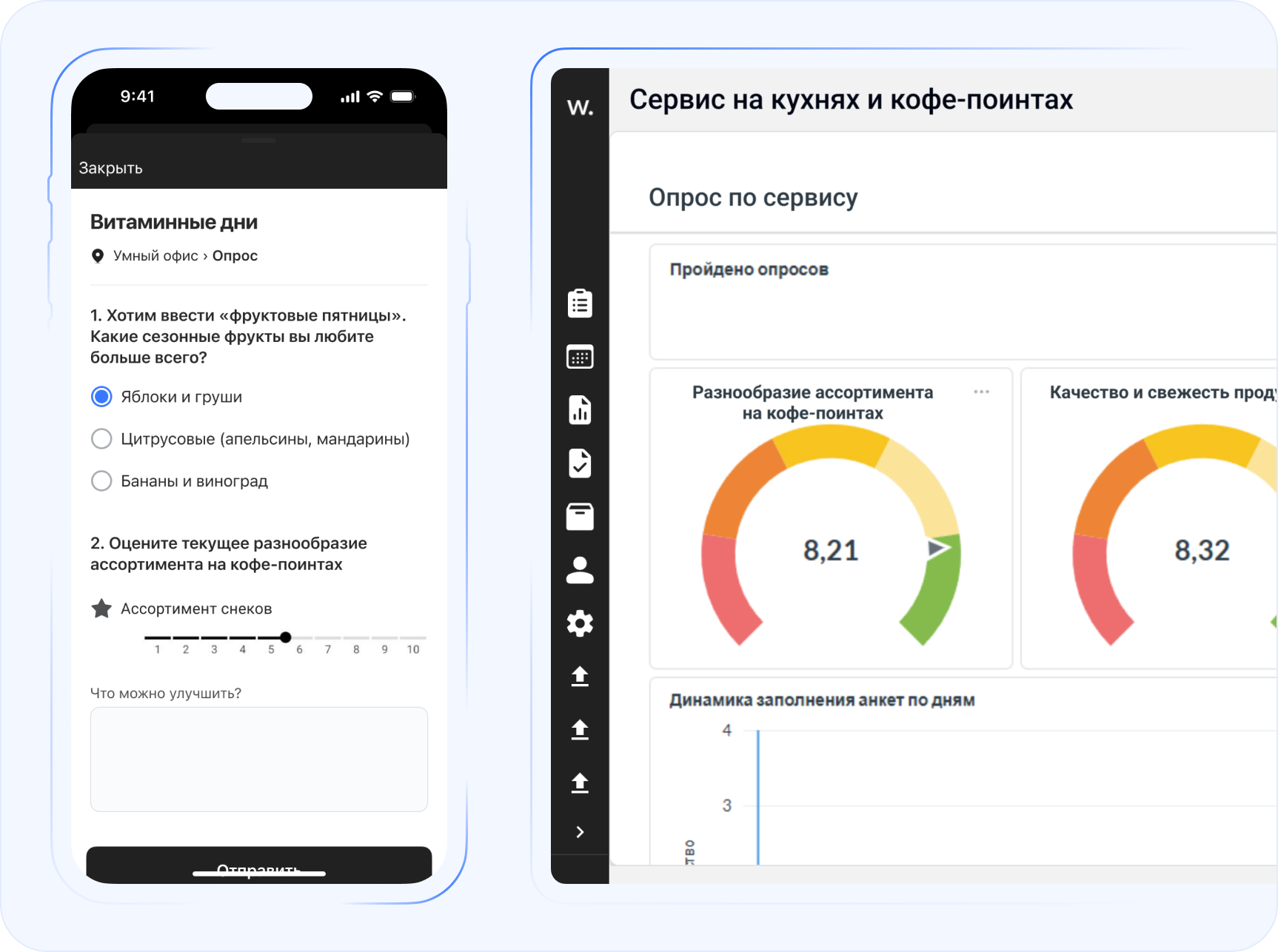 Экран опроса в мобильном приложении и аналитика результатов по качеству сервиса в веб-версии