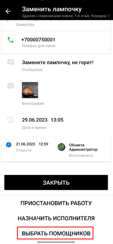 Кнопка «Выбрать помощников»
