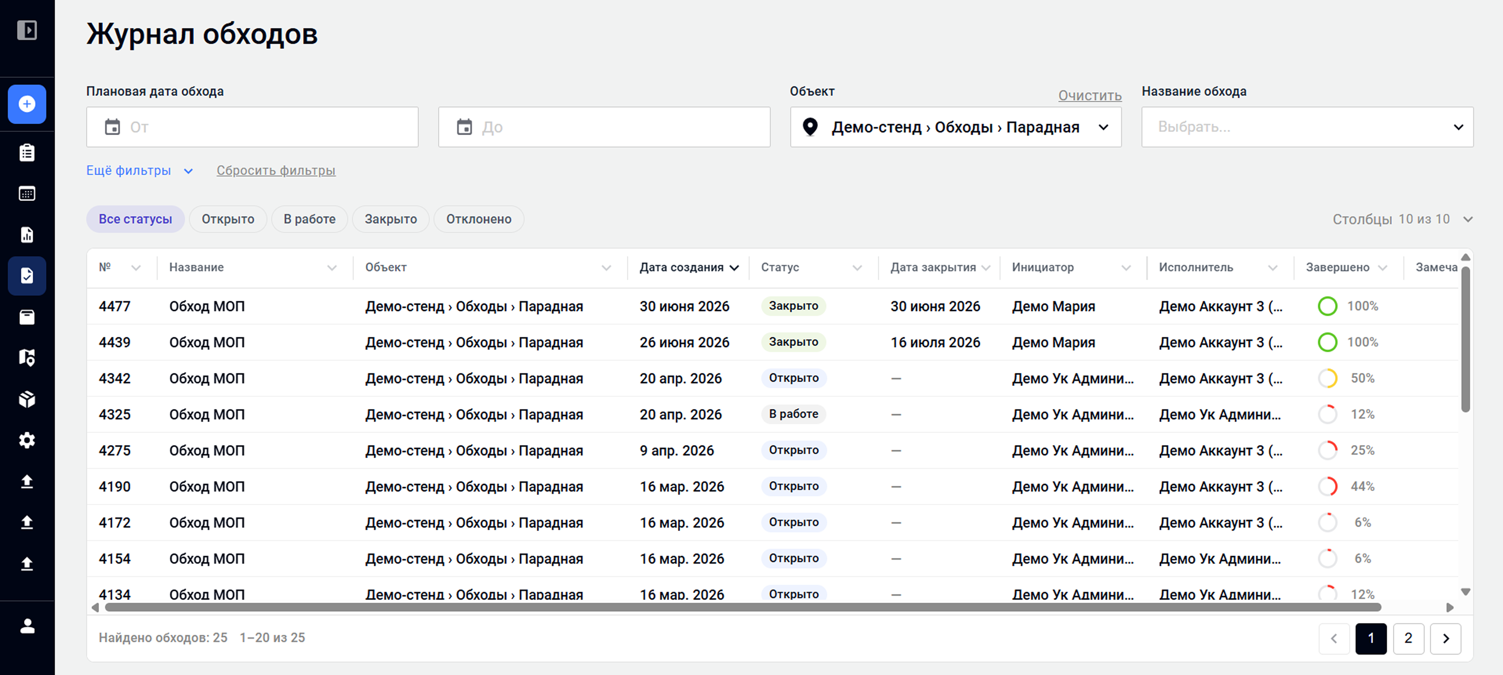 Обновлённый журнал обходов Wave Service с фильтрами, статусами и таблицей обходов