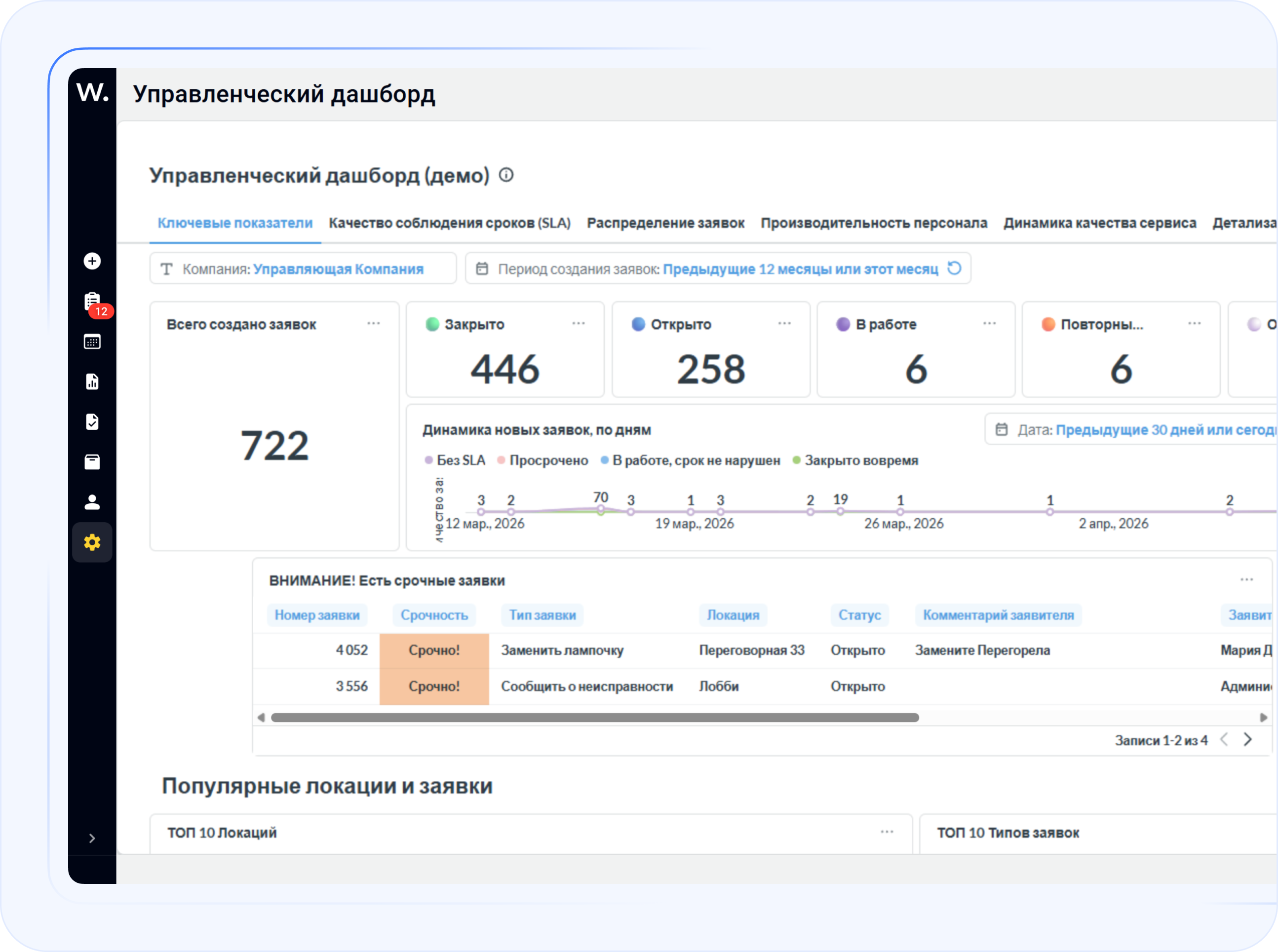 Дашборд с ключевыми показателями по заявкам, срокам, SLA и качеству сервиса на одном экране