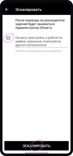 Действия с заявкой: перевести на руководителя, шаг 3