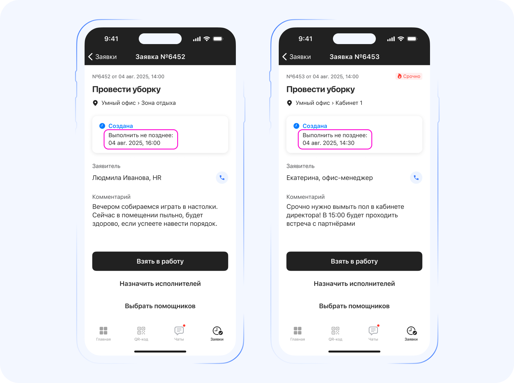 Пример учёта сроков выполнения (SLA) для разных помещений
